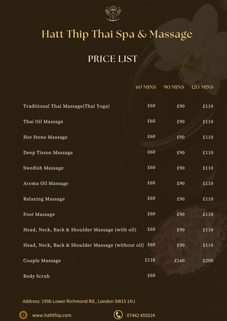 Menu massage and spa of Hatt Thip Spa and massage in Putney London